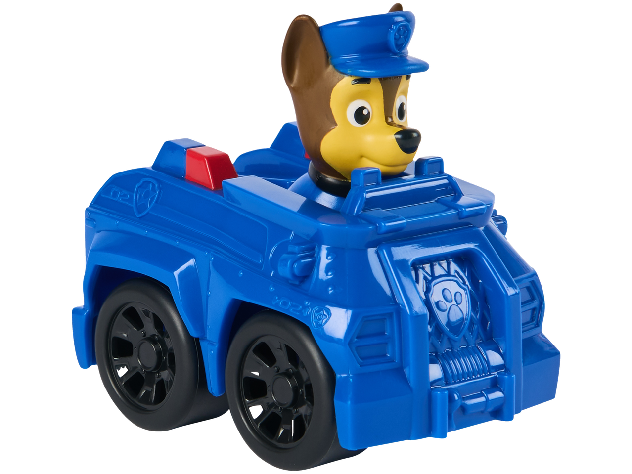 Paw Patrol žaislas: Mėlynas Chase automobilis su Chase figūrėle.