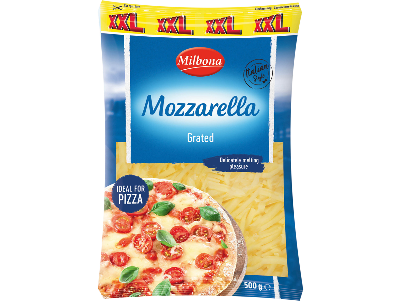 Confezione di mozzarella grattugiata Milbona, ideale per pizza, con la scritta 'XXL'.