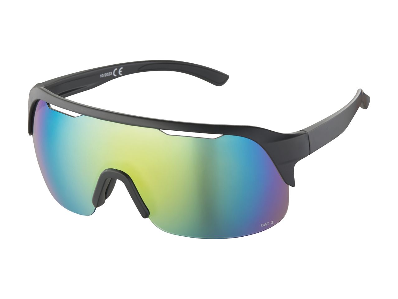 Black sports sunglasses with iridescent lenses, marked '10/2023 CE' and 'CAT. 3'