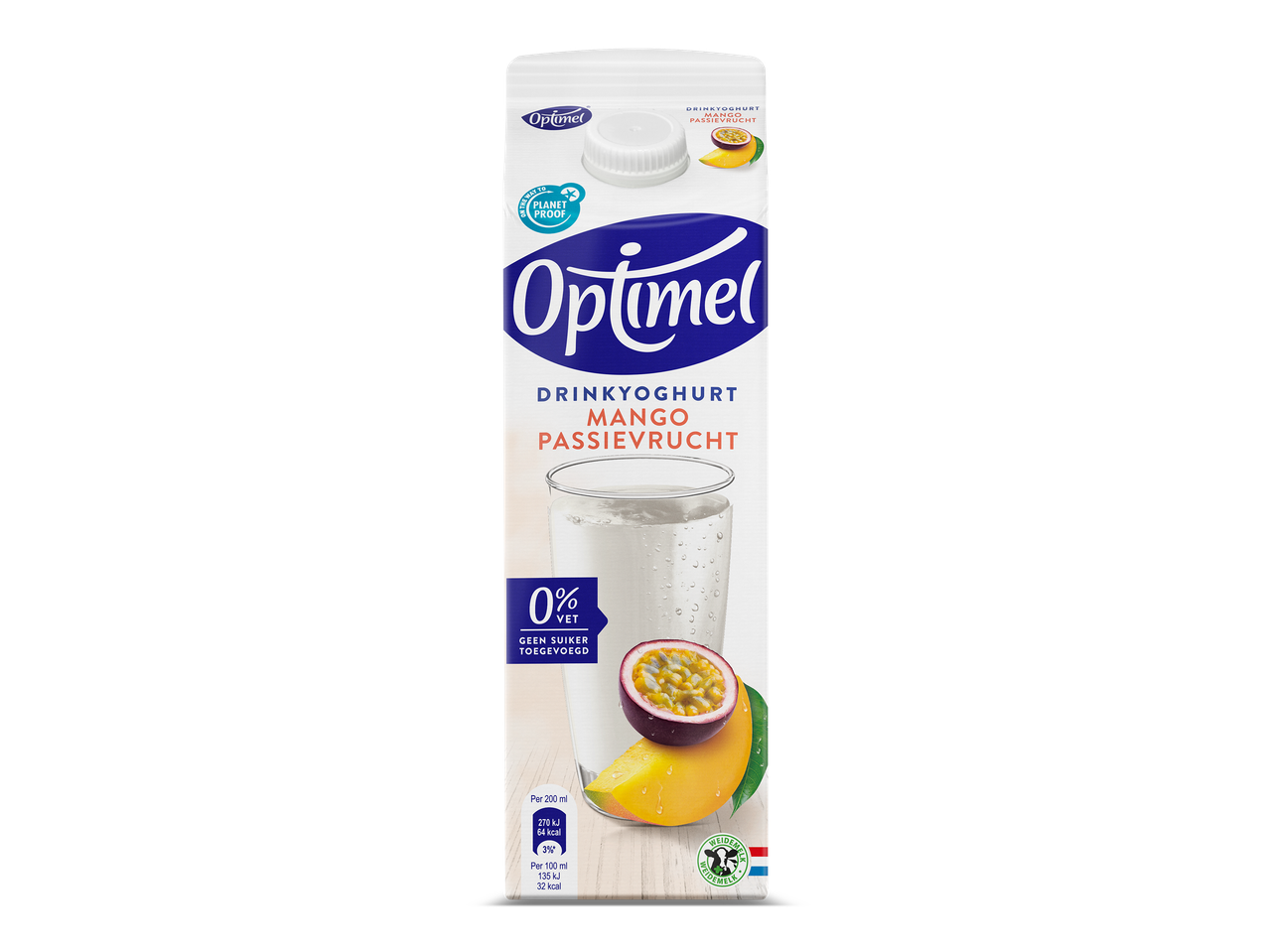 Optimel drinkyoghurt mango passievrucht, 0% vet, geen suiker toegevoegd.