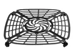 Black air fryer crisper plate with a swirled center design and rectangular slots.