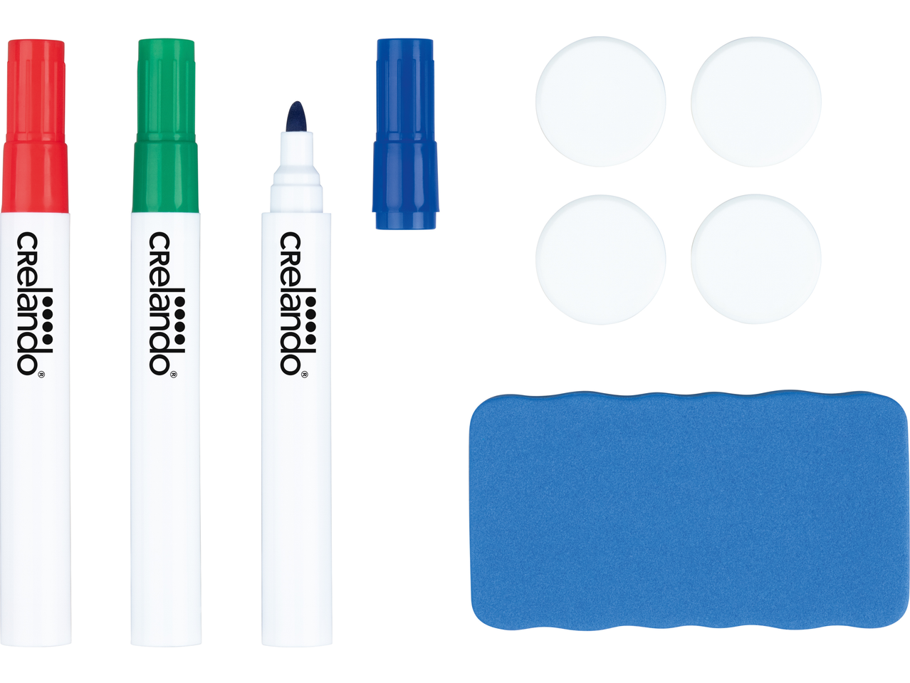 Crelando whiteboard accessory set with three markers, four magnets, and an eraser.