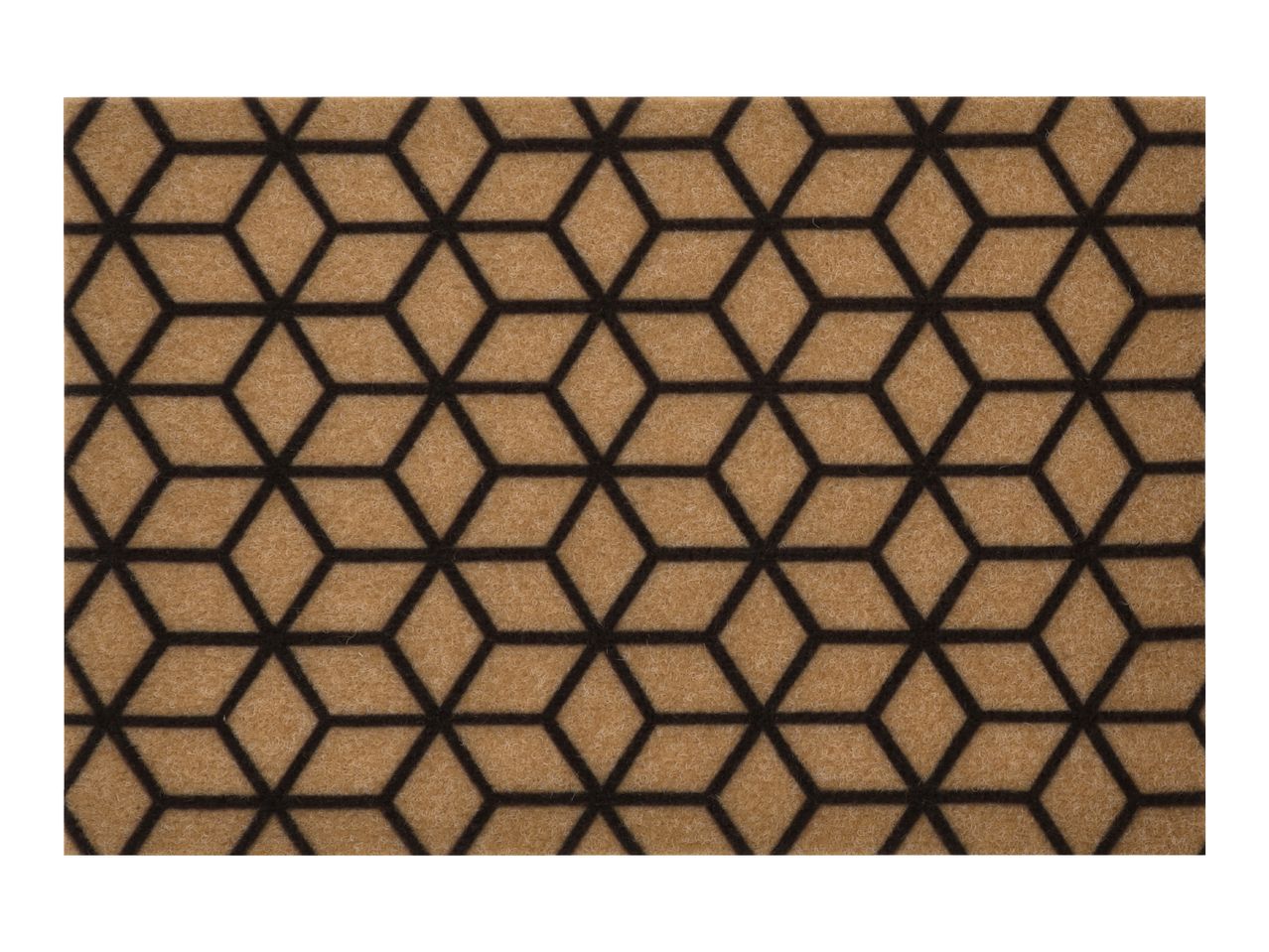 Close-up of a brown doormat with a black geometric 3D cube pattern