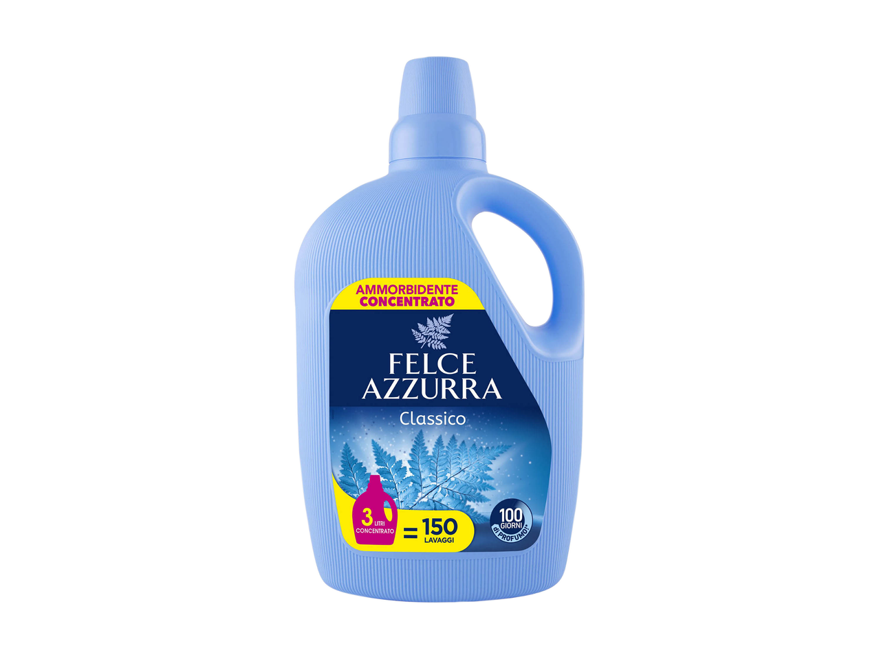 Ammorbidente concentrato Felce Azzurra Classico in una bottiglia blu.