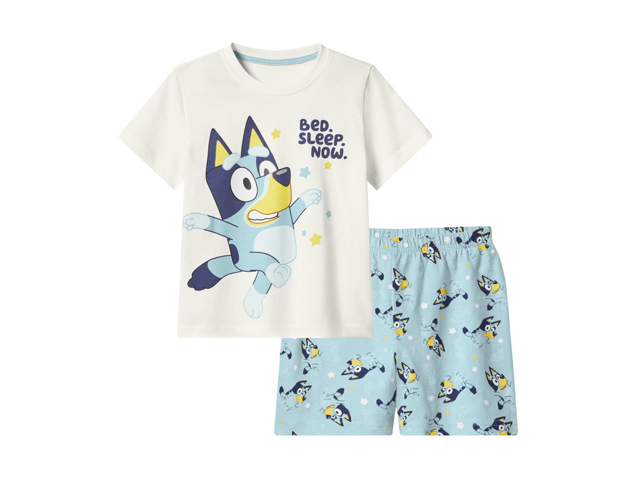 Kids' cream short-sleeved pajama set with a blue dog character and 'BED. SLEEP. NOW.' text.