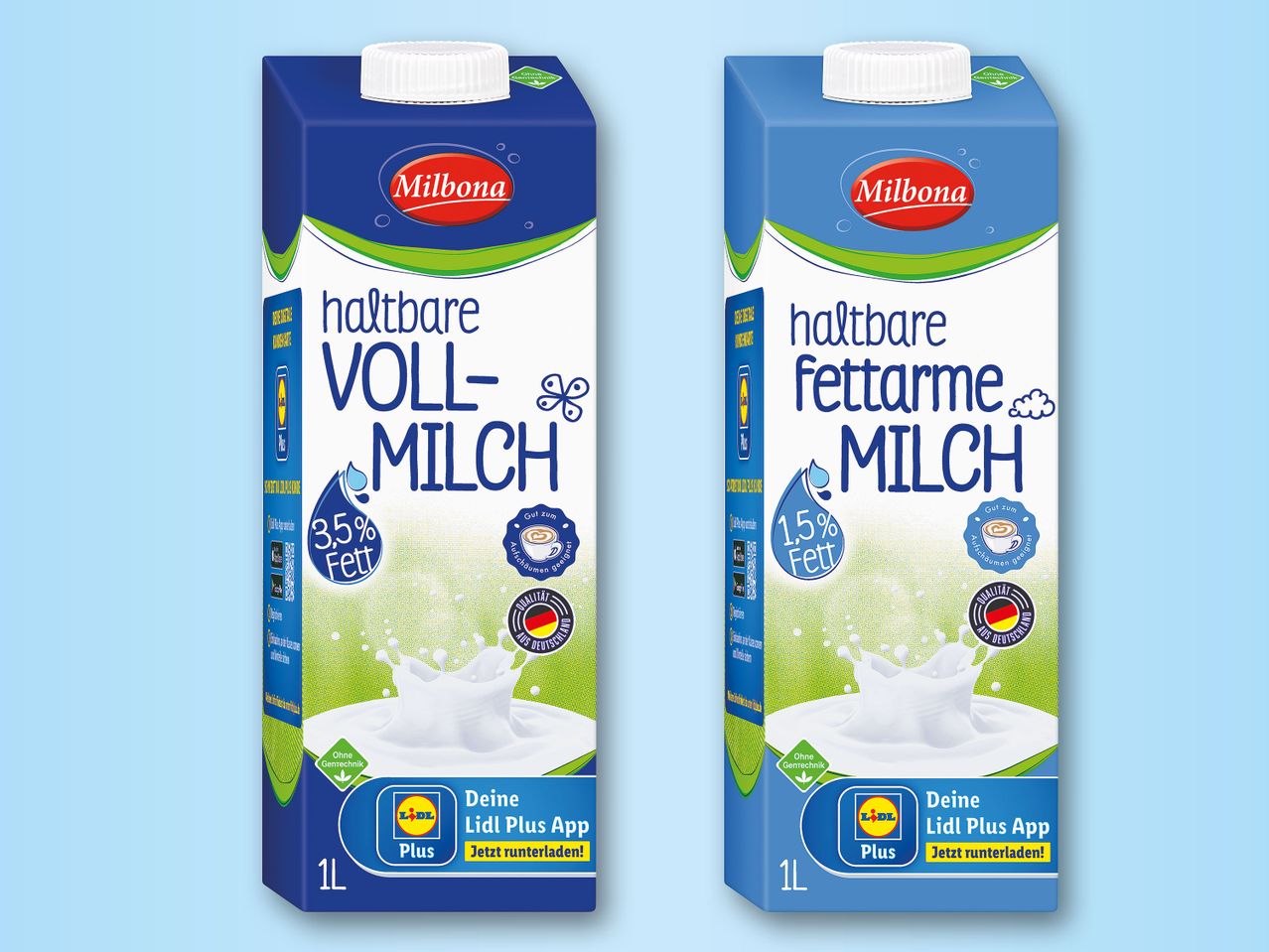 Milbona H-Milch: Vollmilch und fettarme Milch.