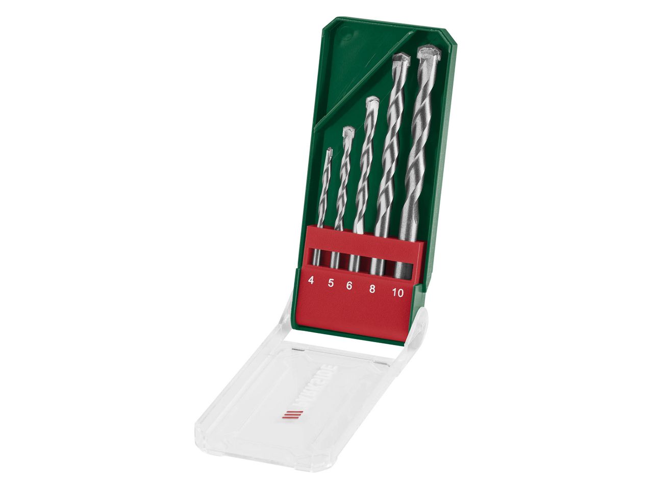 A set of five drill bits in a green and red case, with sizes 4, 5, 6, 8, and 10, for stone, lightweight concrete and bricks.