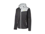 Graue und hellgraue Softshelljacke mit orangefarbenen Reißverschlüssen und Logo.