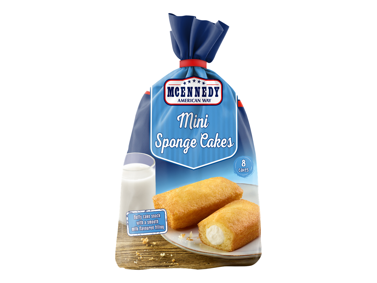 Paquet de mini gâteaux éponge avec un fourrage au lait, accompagnés d'un verre de lait.