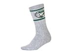 Grey Snoopy-themed crew sock with green stripes.