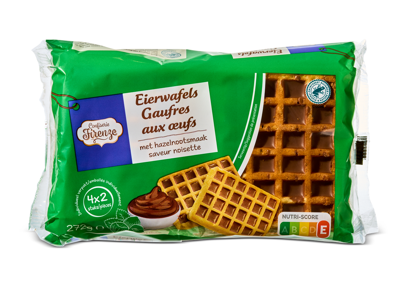 Een verpakking eierwafels met hazelnootsmaak, gevuld met chocoladepasta.