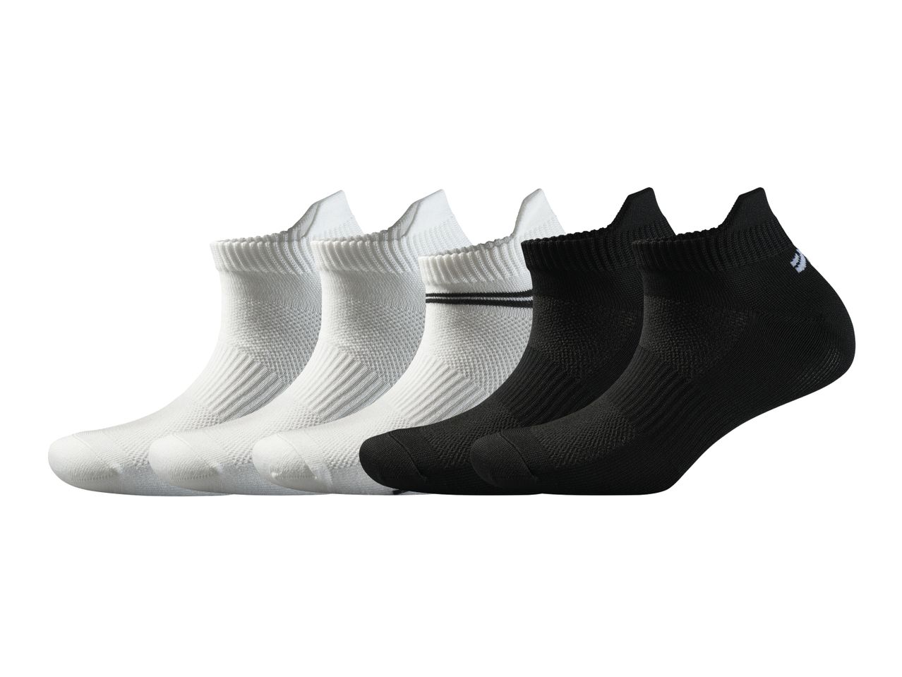 Five pairs of ankle socks, three white and two black, arranged in a row.