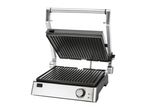 Open electric grill with ribbed plates, temperature dial, and indicator lights.