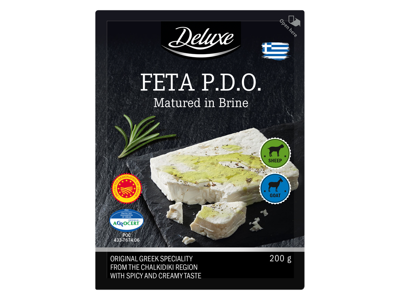 Fromage feta Deluxe PDO, affiné en saumure, région de Chalcidique, 200g.