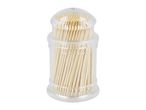 A clear plastic dispenser filled with wooden toothpicks, standing upright on a white background.