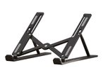 Black adjustable laptop stand with silver accents, shown unfolded on a white background.