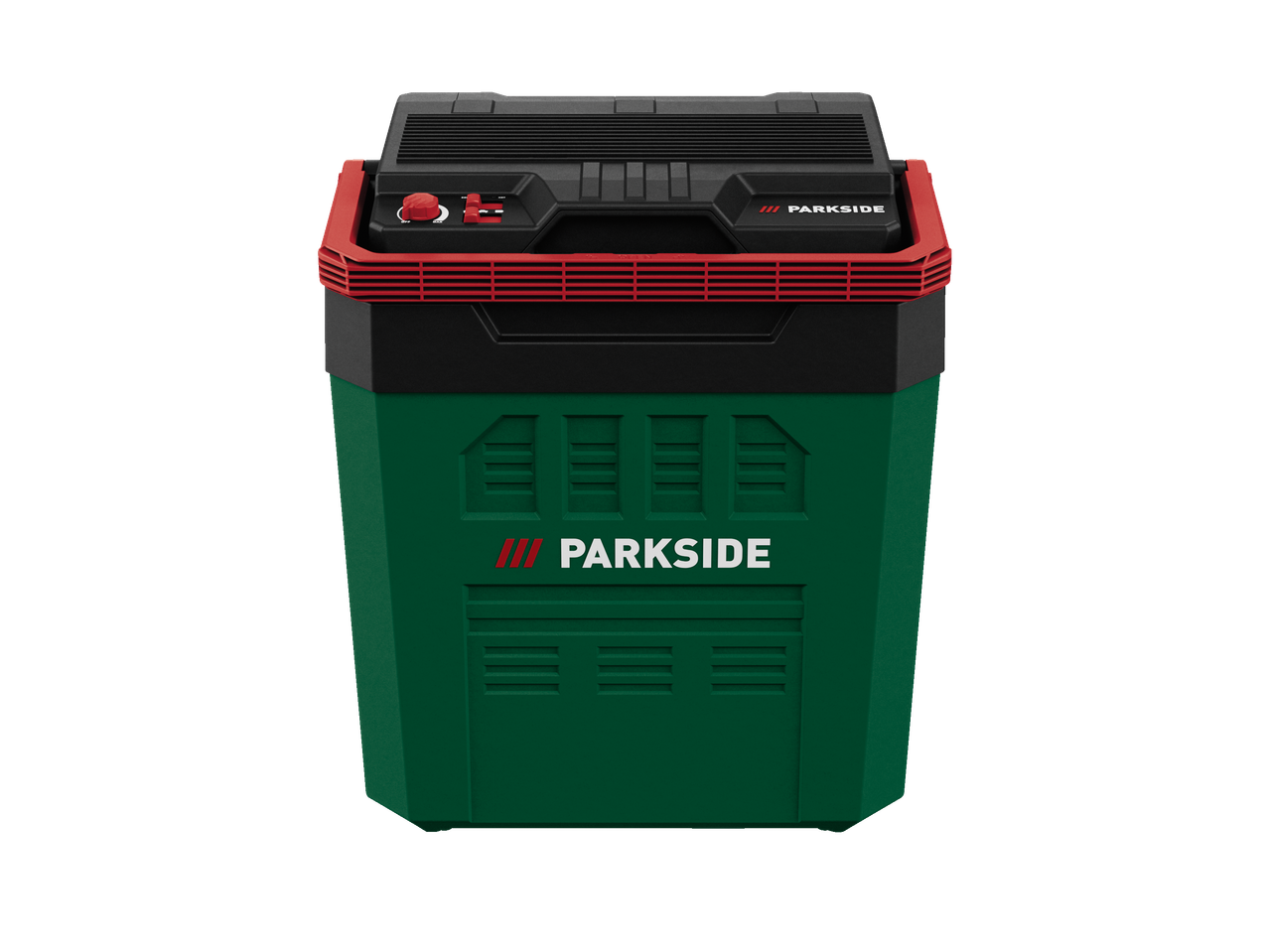 Ladă frigorifică cu acumulator PARKSIDE în verde și negru cu accente roșii.