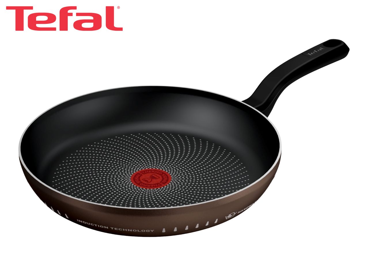 Brown frying pan with a black handle and a red heat indicator in the center.