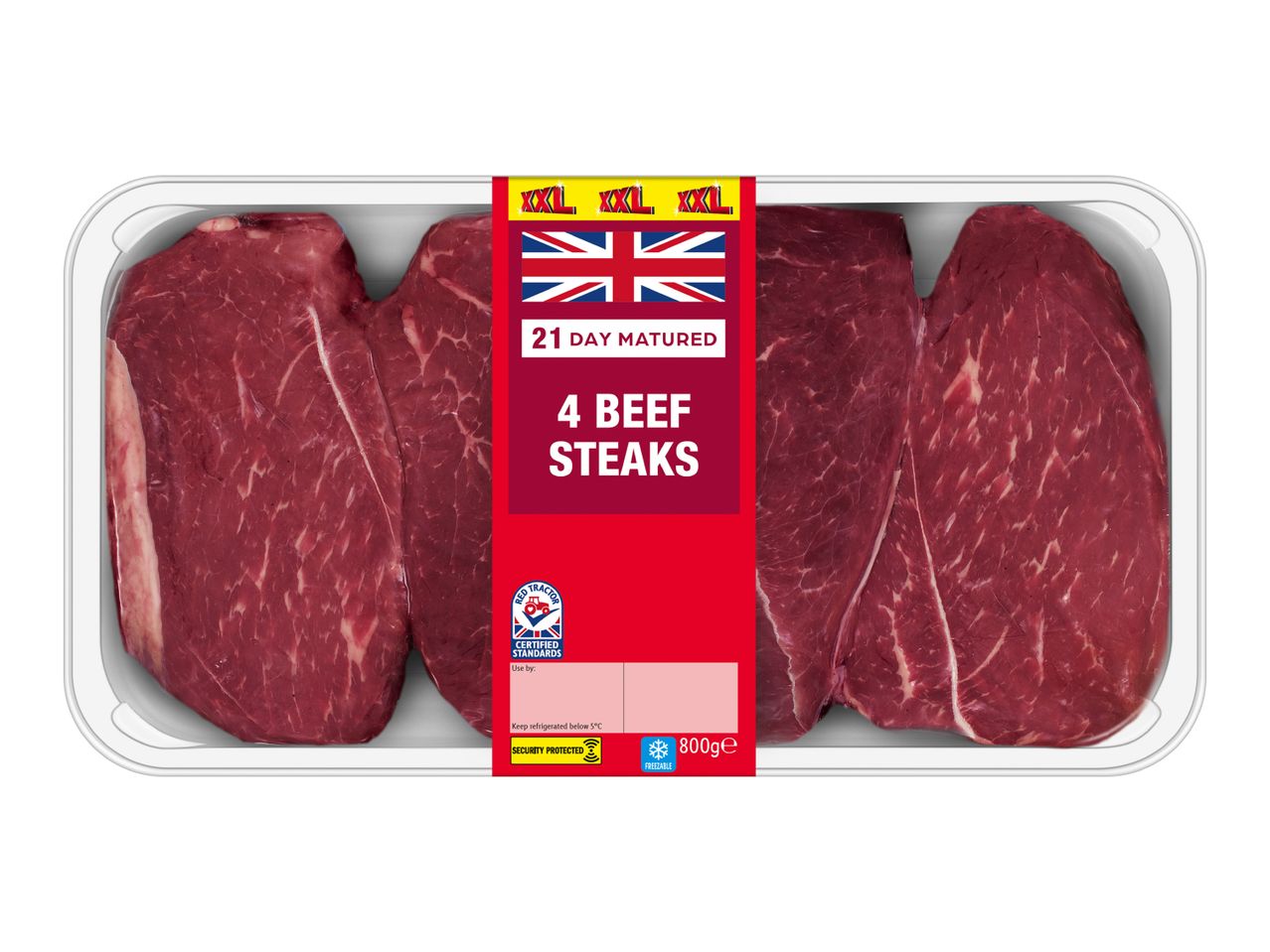 A pack of four 21-day matured beef steaks, 800g.