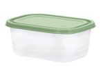 Rectangular clear food storage container with a light green lid.