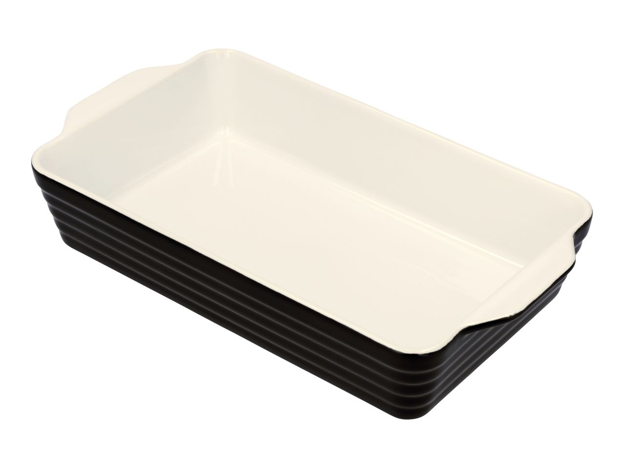 Rectangular black and white ceramic baking dish with ribbed exterior
