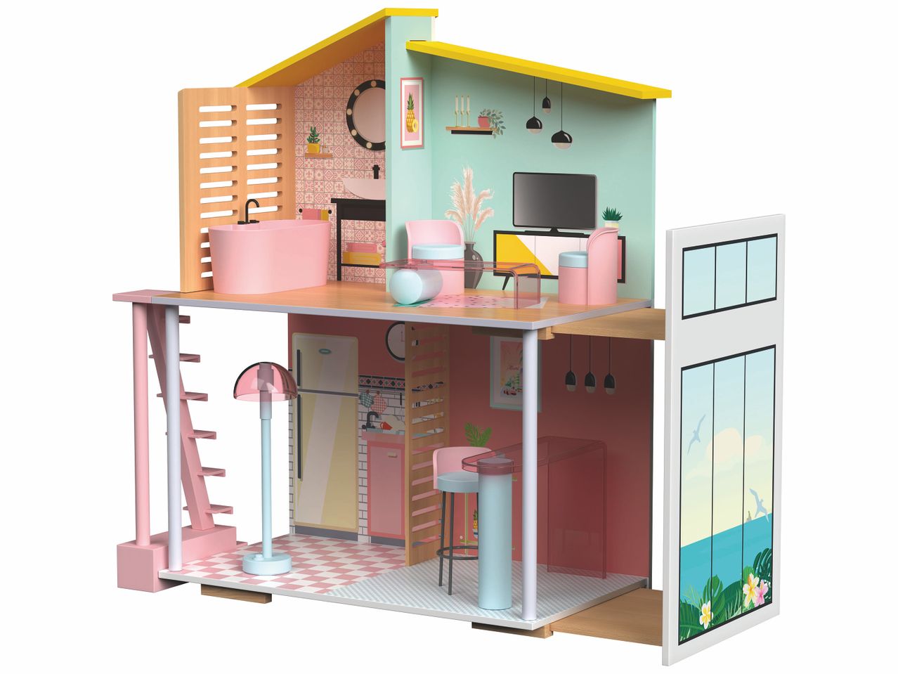 Maison de poupée moderne avec salle de bain, salon et cuisine aux couleurs pastel.