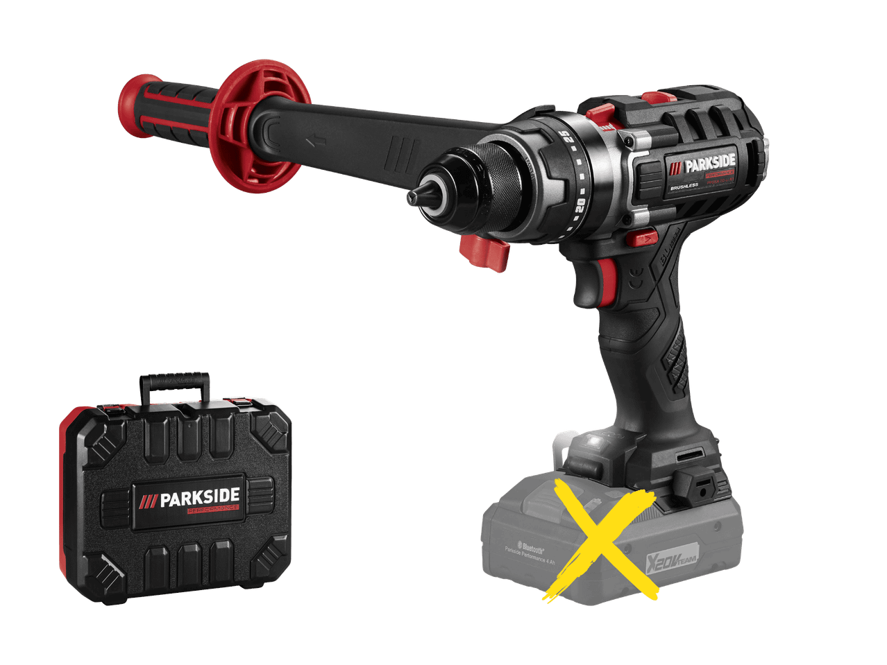 Akku-Bohrschrauber mit Zusatzhandgriff und Transportkoffer.