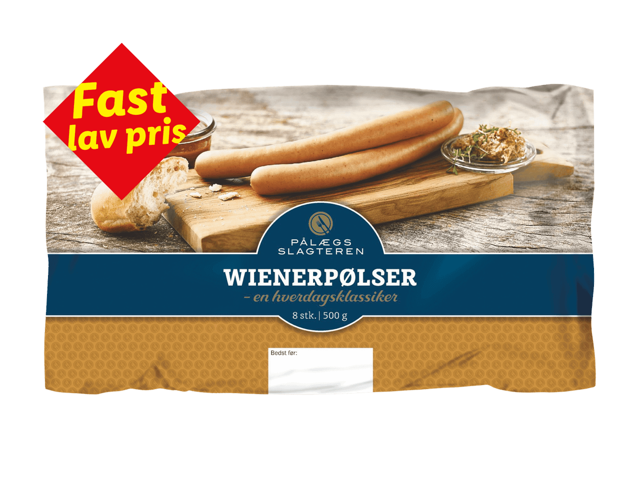 Pakke med wienerpølser, 8 stk. | 500 g, med teksten 'Fast lav pris'.