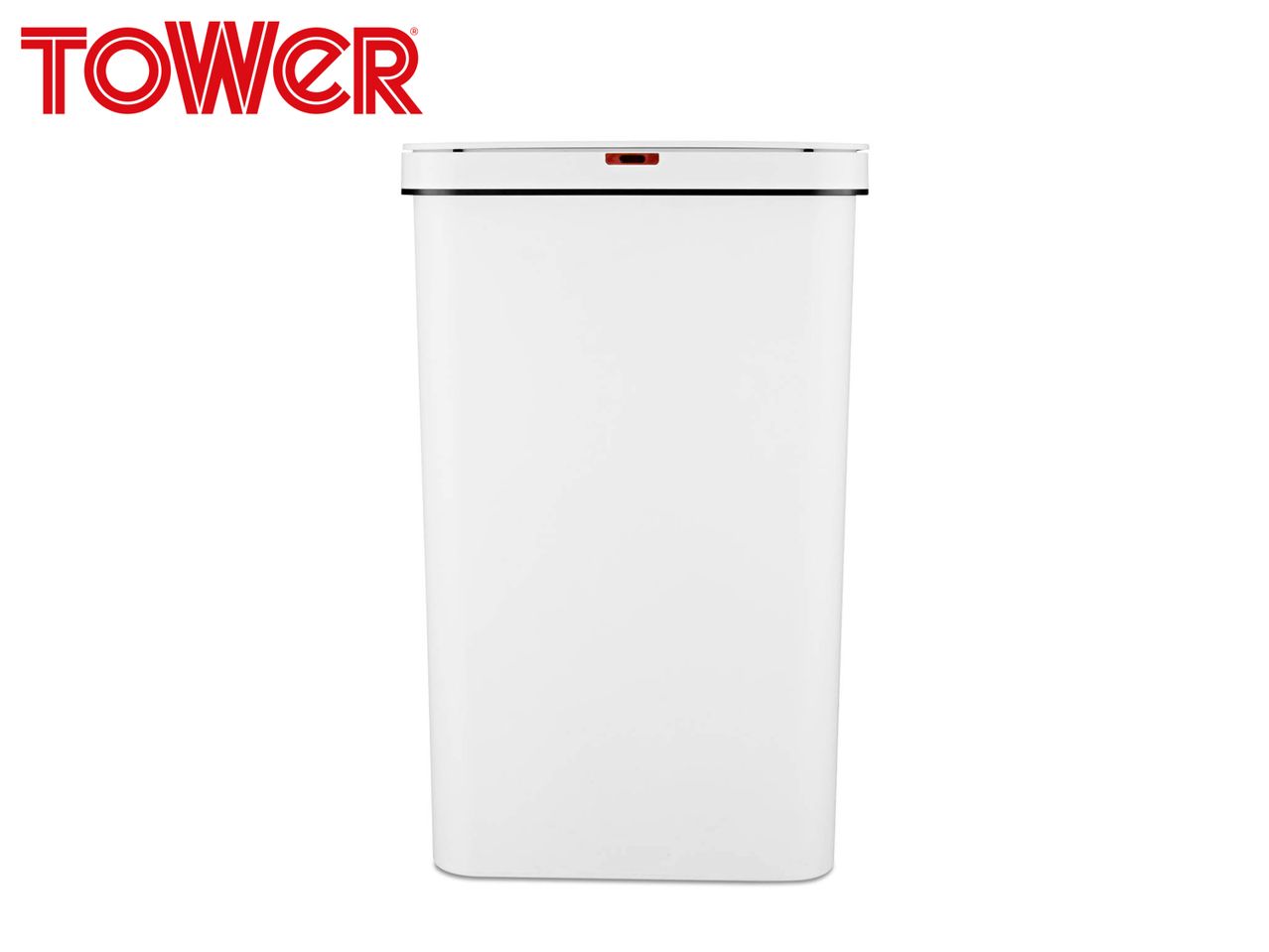A white rectangular kitchen bin with a black trim and a red sensor on the lid.