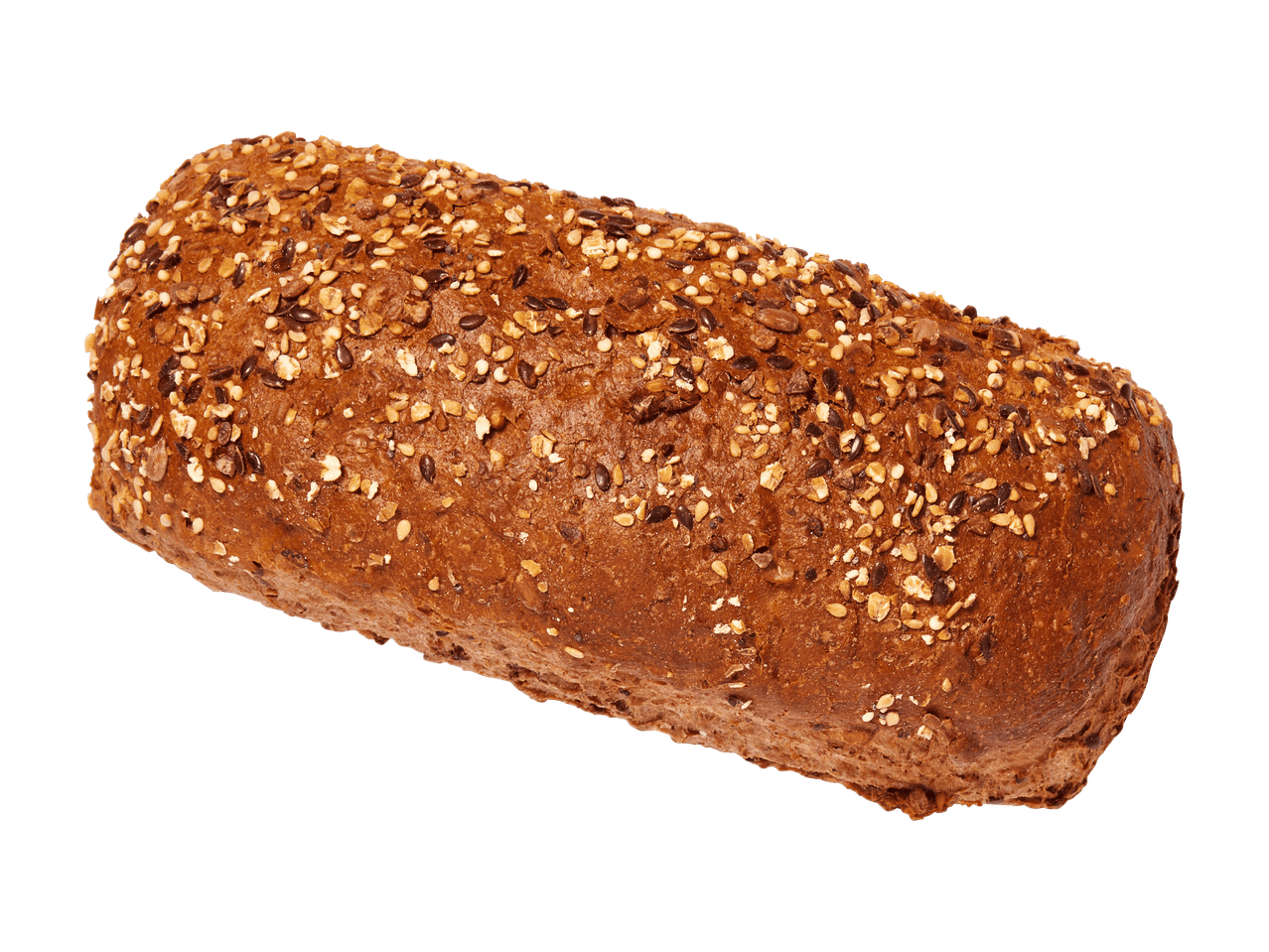 Vollkornbrot mit verschiedenen Samen auf schwarzem Hintergrund.