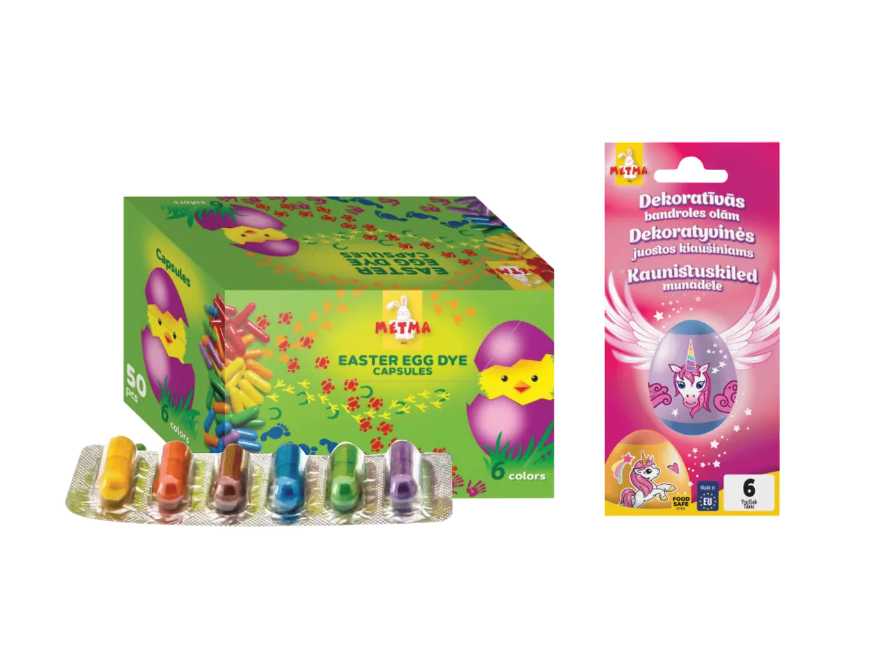 Velykinių kiaušinių dažų kapsulės ir dekoratyvinės juostelės su vienaragiais.