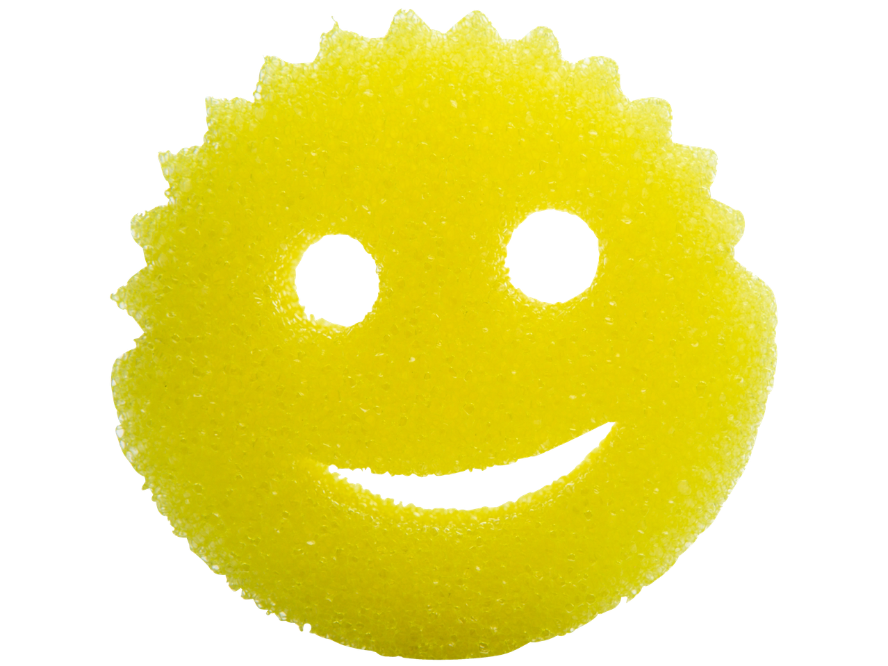 Een gele Scrub Daddy spons in de vorm van een smileygezicht.