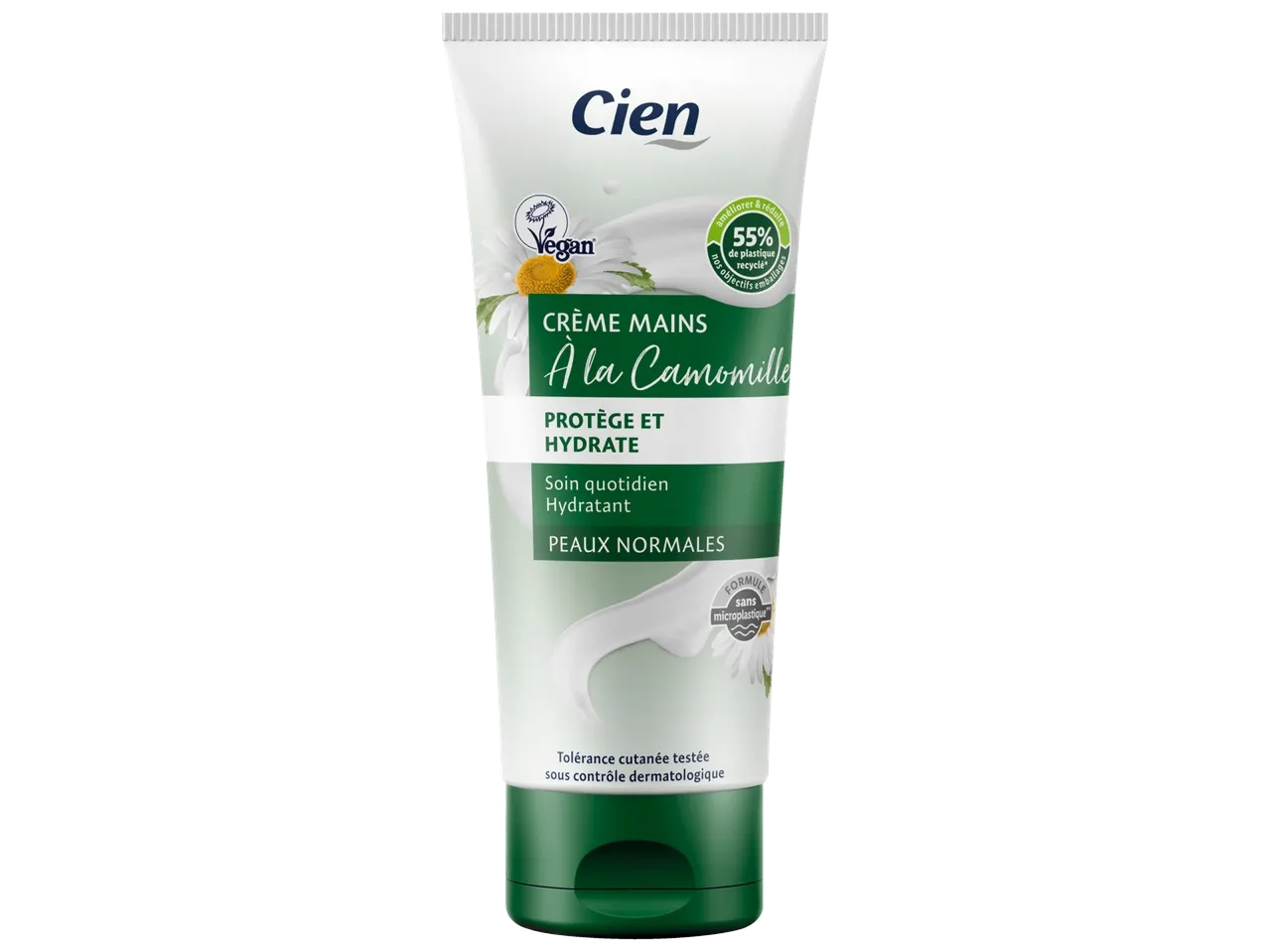 Crème pour les mains Cien à la camomille : vegan, protège et hydrate.