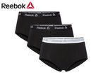 Three pairs of black women's briefs with a white elastic waistband featuring a repeating logo.