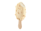 Picolé de baunilha coberto com chocolate branco e nozes.