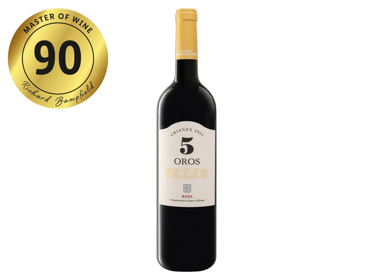 A bottle of 5 Oros Crianza 2021 Rioja wine with a 90-point Master of Wine rating.