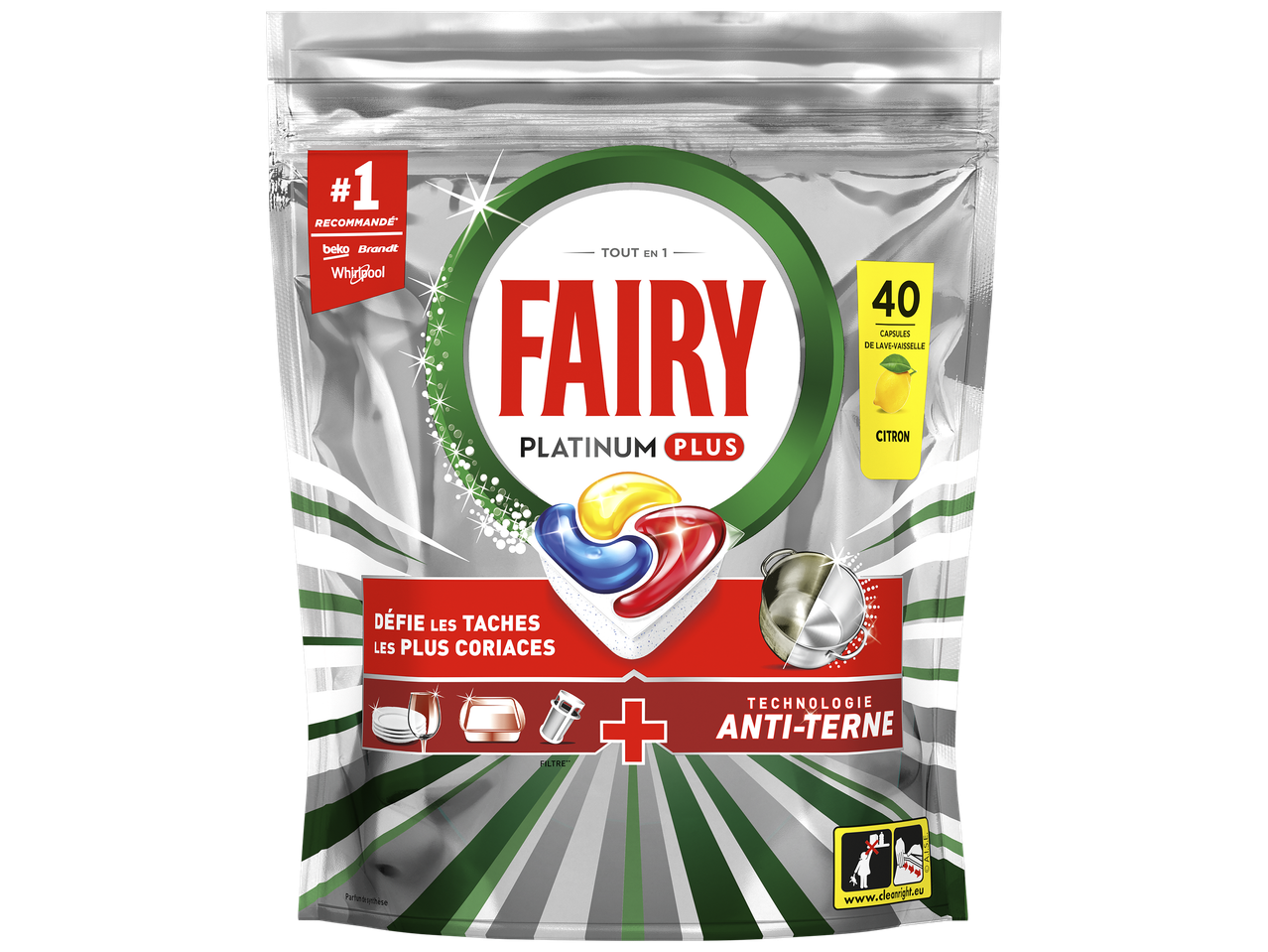 Sachet de capsules de lave-vaisselle au citron, 40 capsules, recommandé par plusieurs marques.