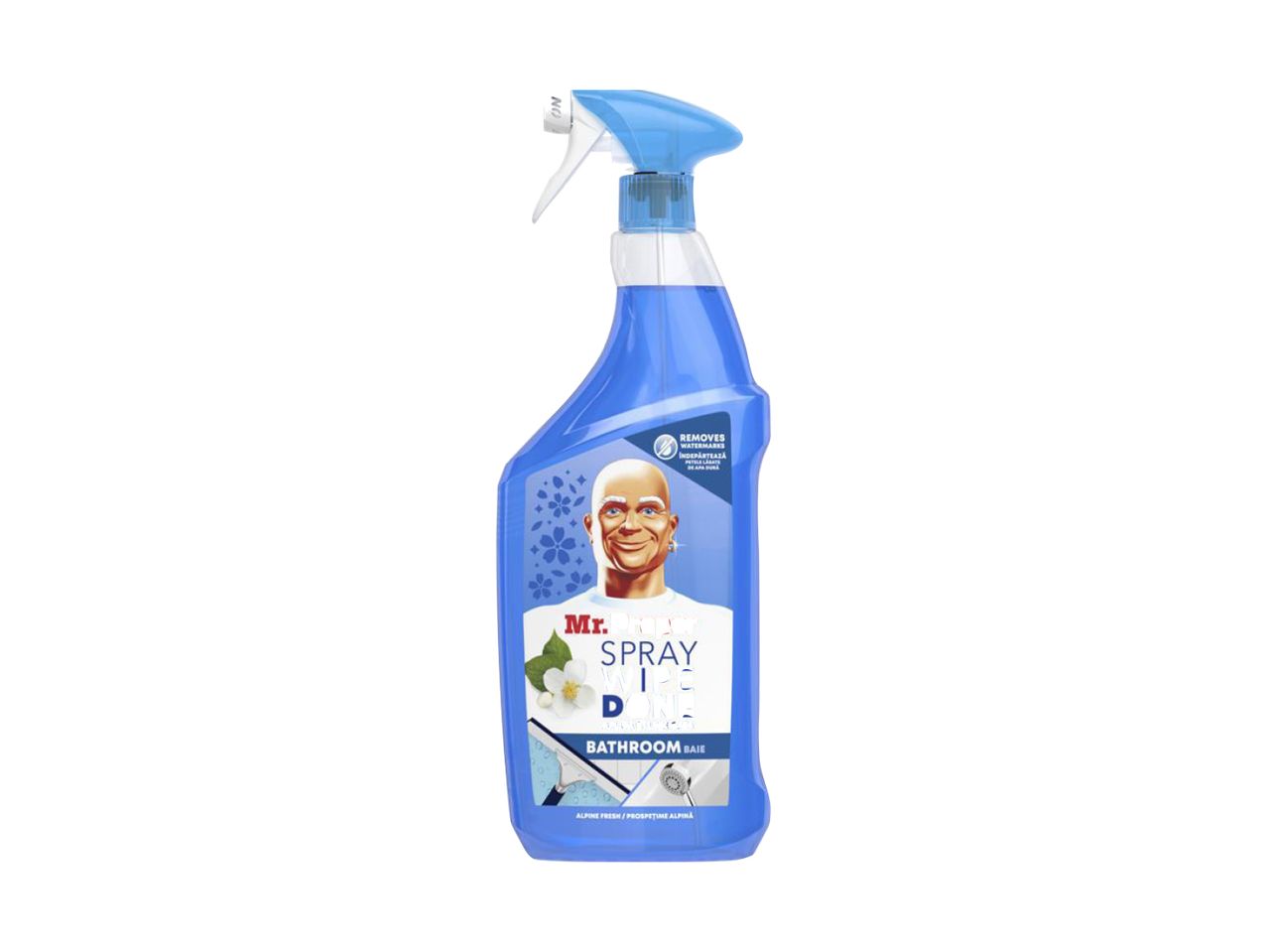 Bočica za čišćenje kupatila Mr. Clean Spray Wipe Done, sa mirisom alpskog svežeg vazduha.