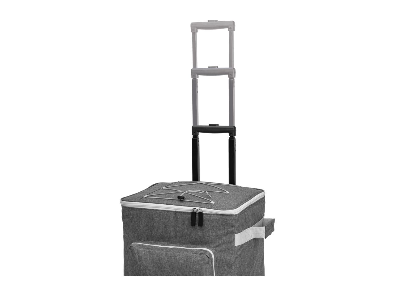 Grey cooler bag with an extendable handle on a white background.