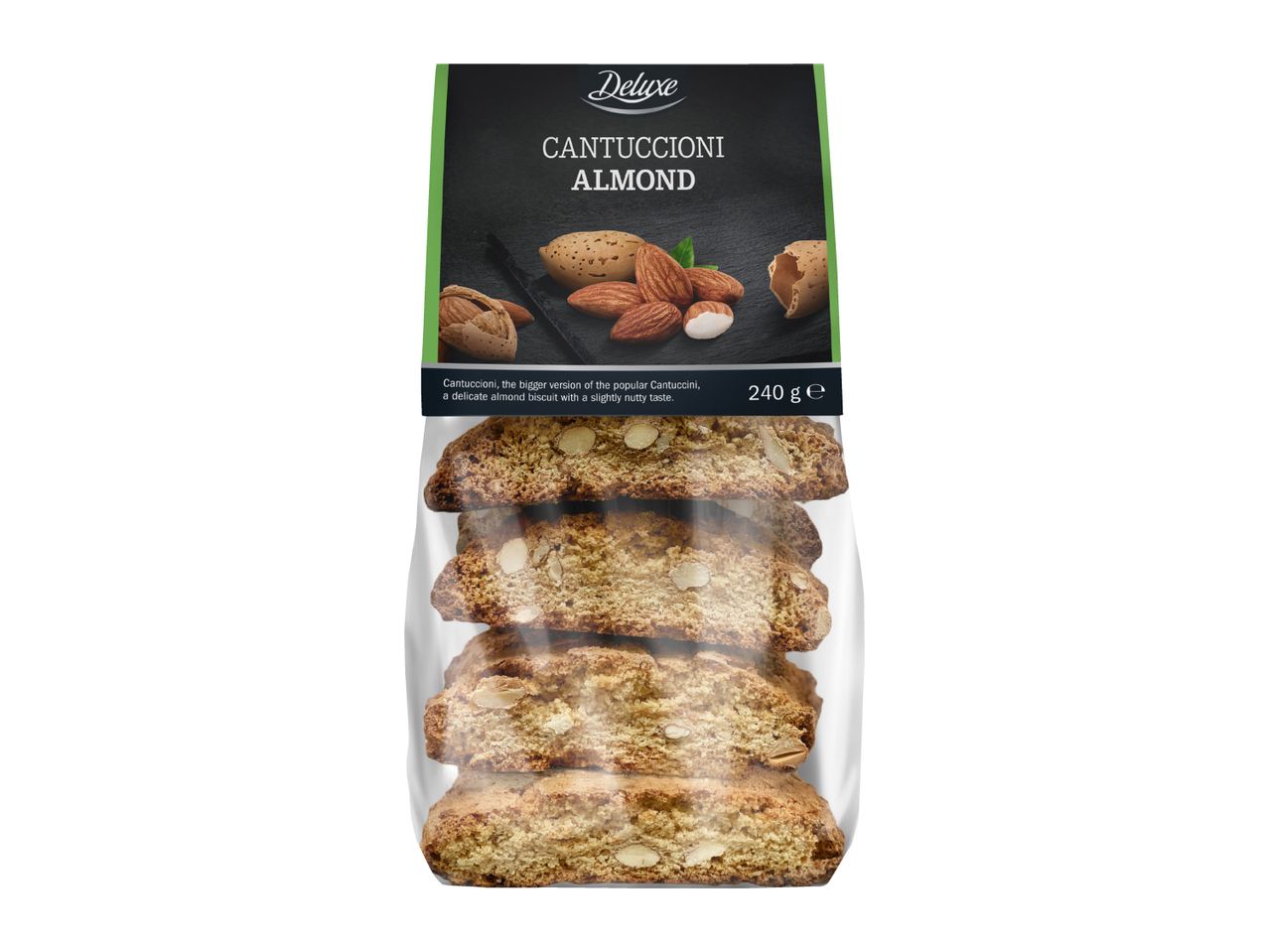 Deluxe Cantuccioni Almond biscuits in clear packaging, 240g.