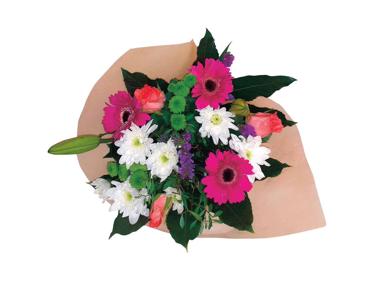 Buchet mixt de iarnă cu gerbera roz, crizanteme albe și trandafiri corai.