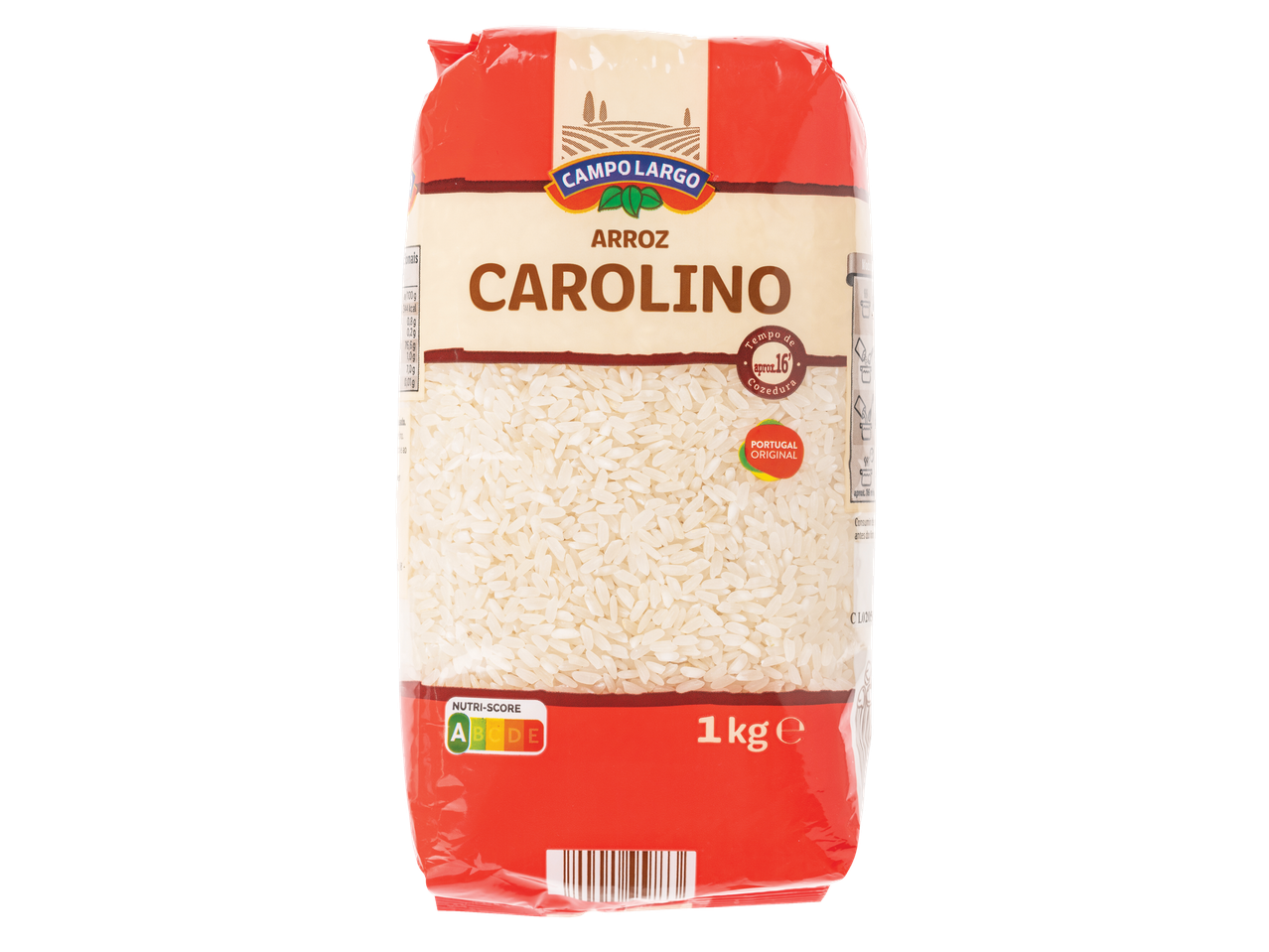 Pacote de 1kg de arroz Carolino Campo Largo.