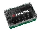 Green and clear plastic storage box with compartments, featuring a logo with three red vertical bars and white text.