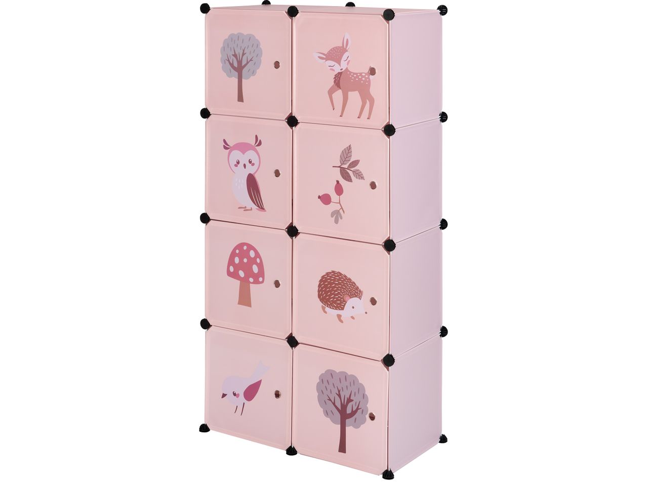 Розов модулен шкаф с осем отделения, украсен с горски животни и растения.