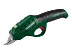 Green and black electric pruning shears with a red trigger