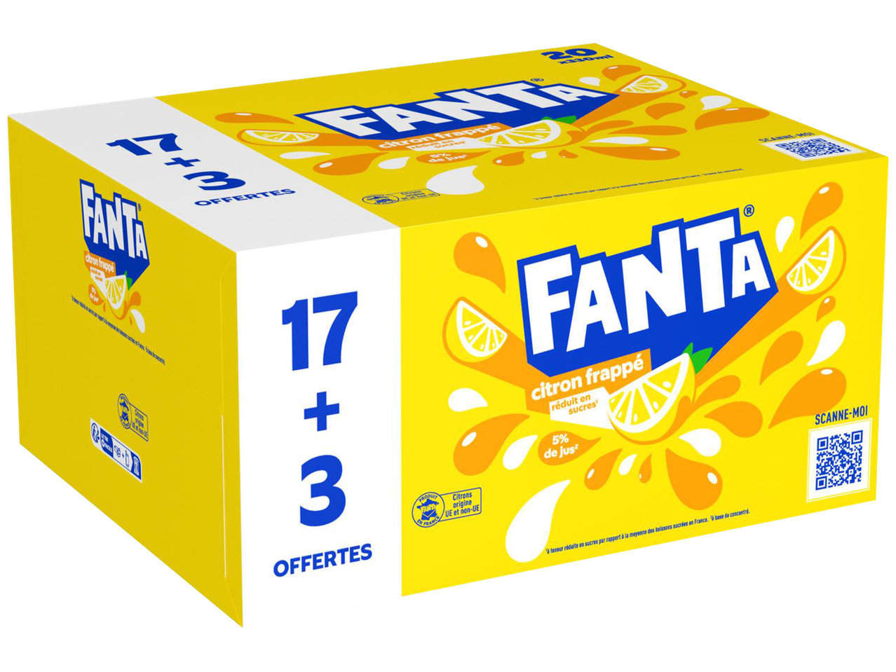 Pack de 20 boissons gazeuses au citron, dont 3 offertes, avec 5% de jus et moins de sucre.