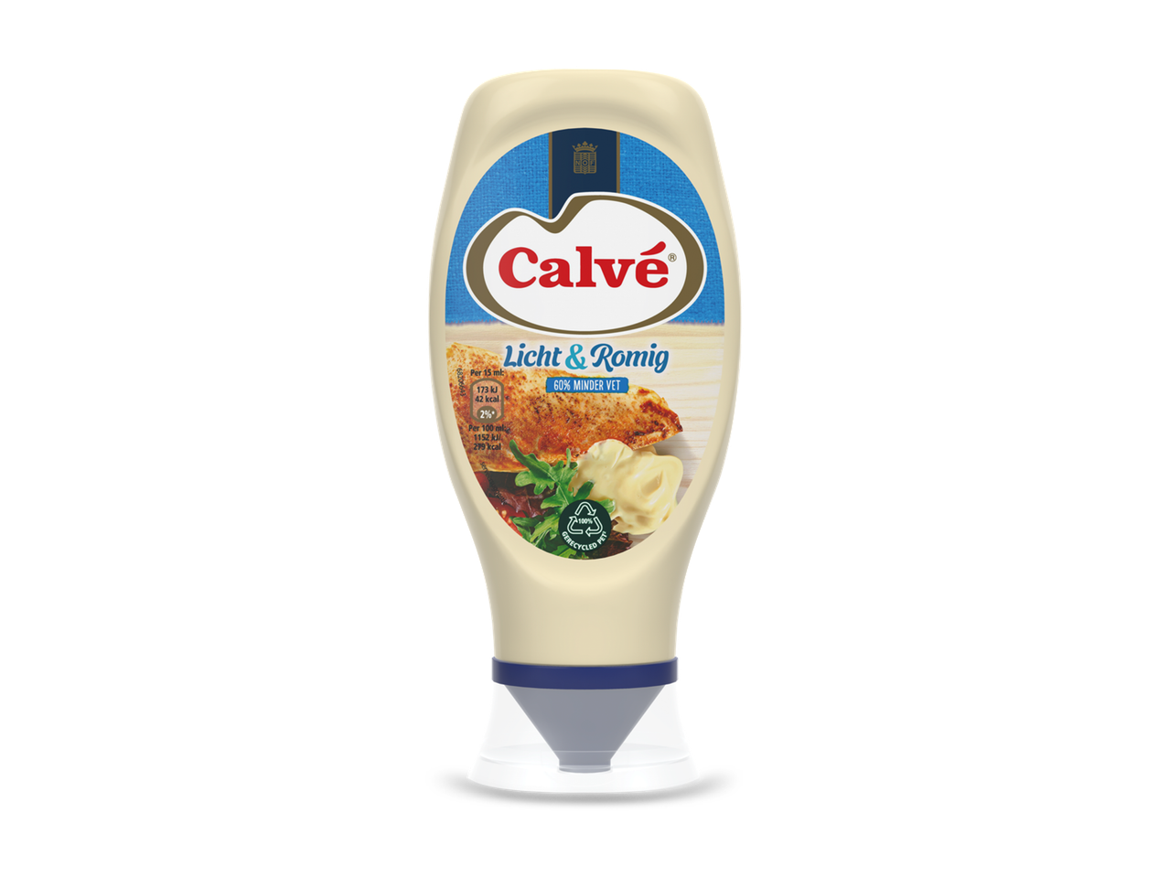Lichte en romige saus in een knijpfles met een afbeelding van een maaltijd en voedingsinformatie.
