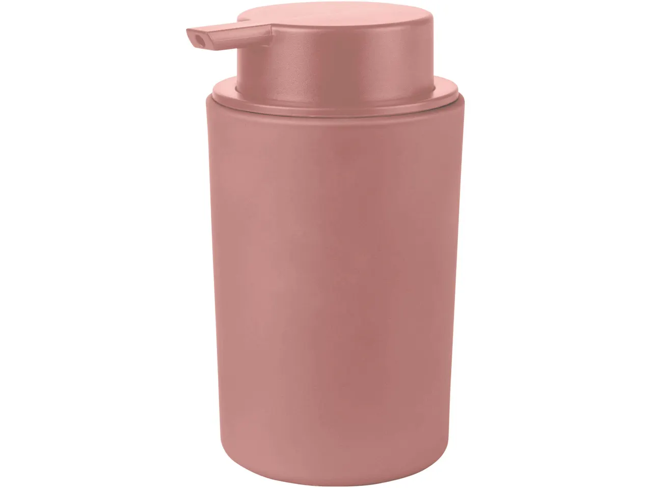 Dispenser di sapone rosa opaco con pompa.