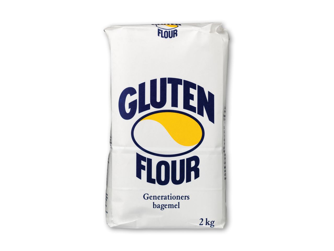 En hvid pose med glutenmel, der vejer 2 kg, med teksten 'GLUTEN FLOUR' i blåt og gult.