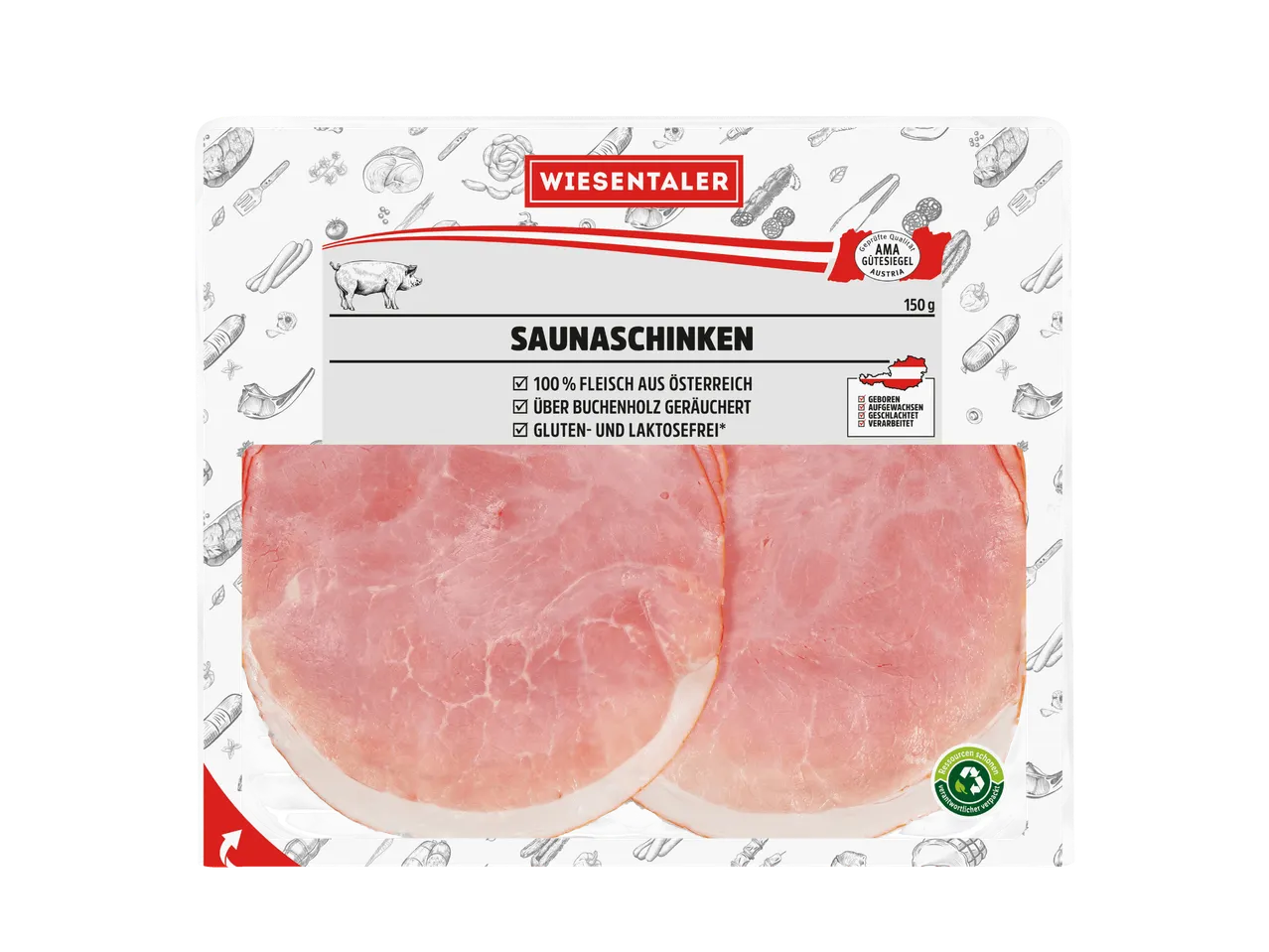 Verpackung mit Saunaschinken, 100% Fleisch aus Österreich, über Buchenholz geräuchert, gluten- und laktosefrei.